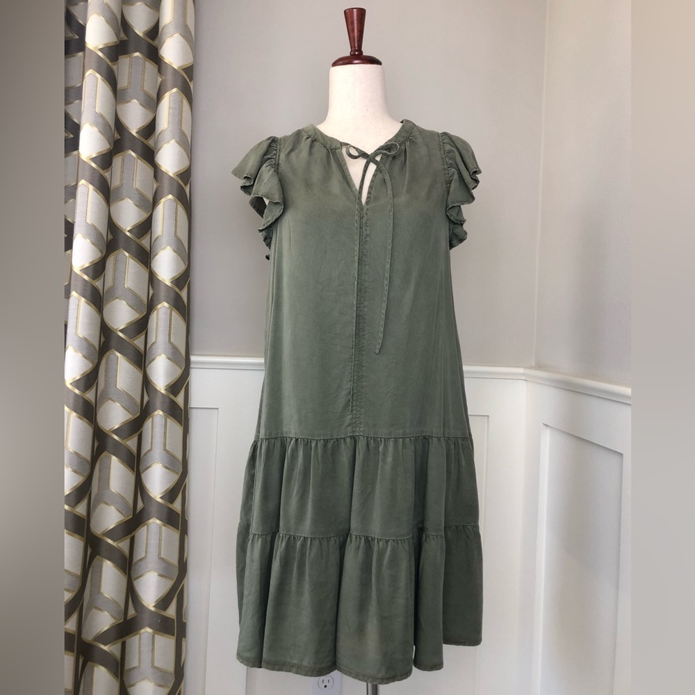 Knox Rose Flutter Short Sleeve Boho Tiered Dress Khaki Size Small
